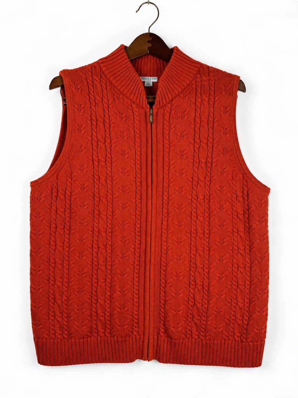 Pendleton Plus Cable Knit Cotton Full Zip Sweater Vest Pumpkin Orange 2X